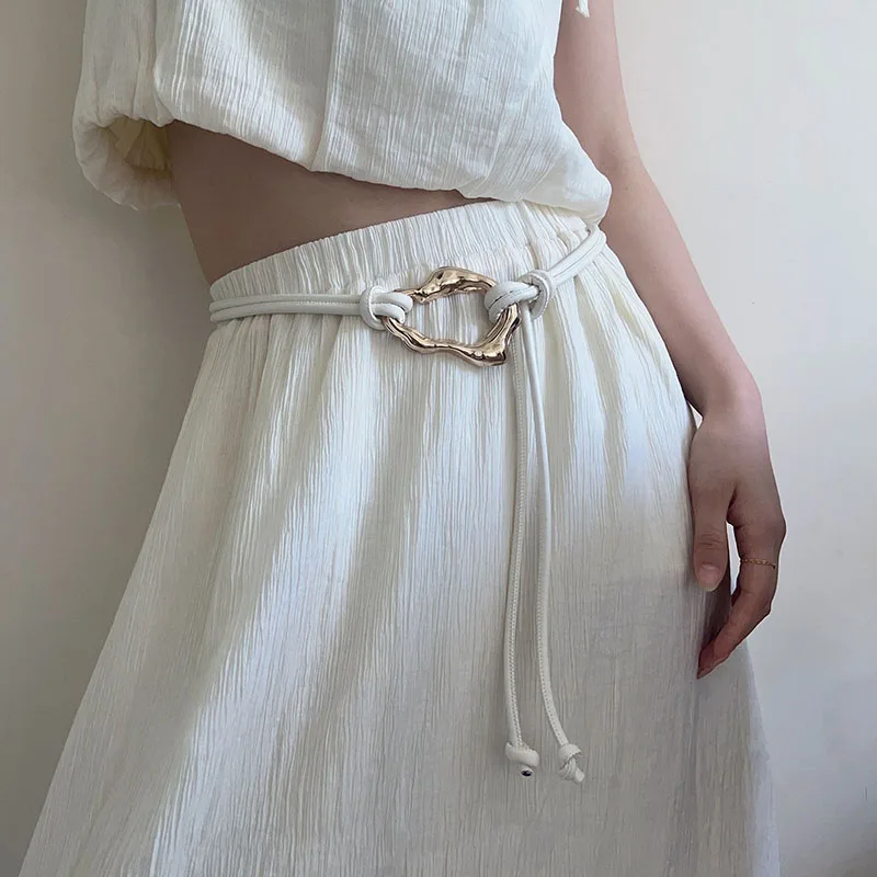 Elegant Women's Leather Rope Knotted Belt with Metal Buckle - Stylish Skinny Waistband Accessory