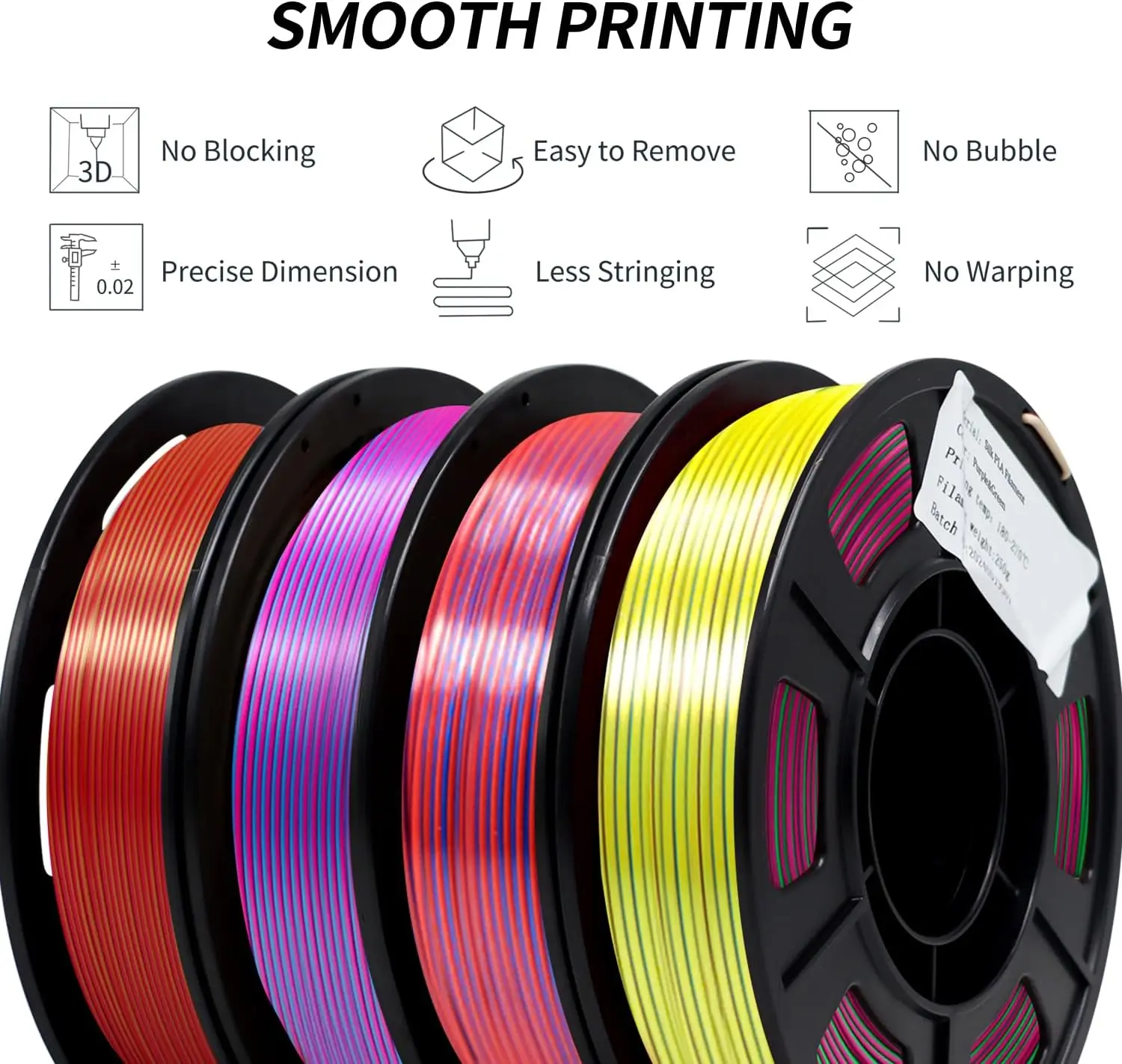 3D 프린터 필라멘트 3색 실크 PLA 필라멘트 1.75mm, 250g X 4팩, 무지개 같은 멀티컬러 필라멘트