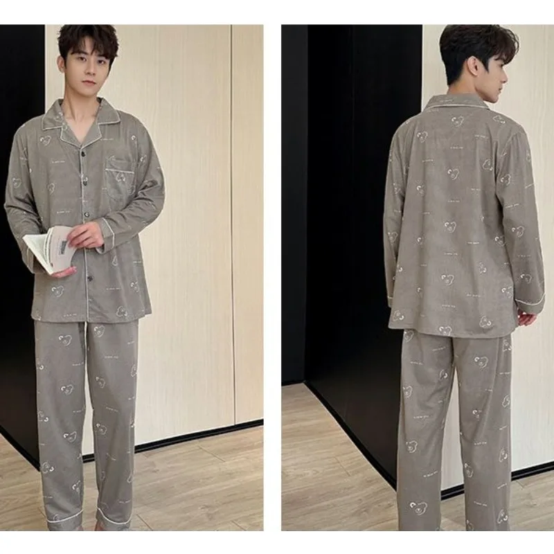 2024 New Pure Cotton Pajamas Men's Autumn Winter Sleepwear Long Sleeved Cotton Thin Loungewear Plaid Oversized Homewear Set