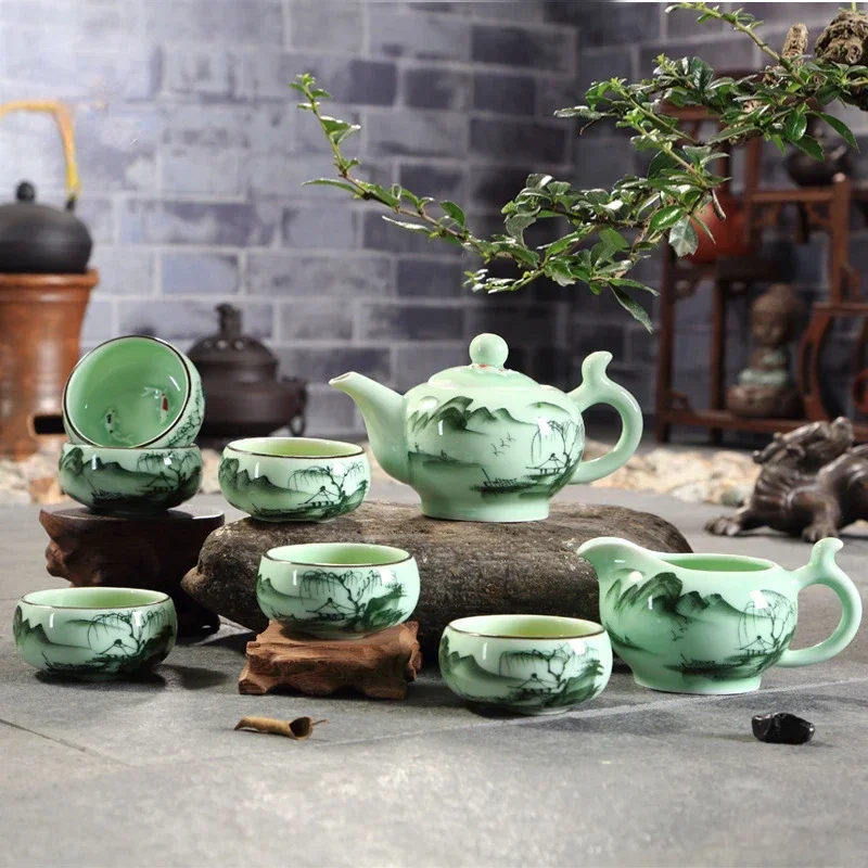 

Traditional Longquan Chinese Kung Fu Teaware Set Handmade Celadon Teapot with Landscape Lotus Design Tea Cups Gift Set 9Pcs per