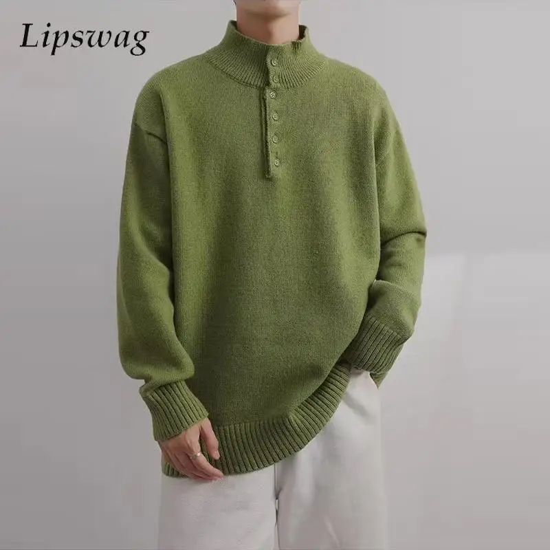 

High Quality Ribbed Knitted Sweater For Men Autumn Long Sleeve Button Turtleneck Knit Tops Mens Clothing Winter Fashion Sweaters