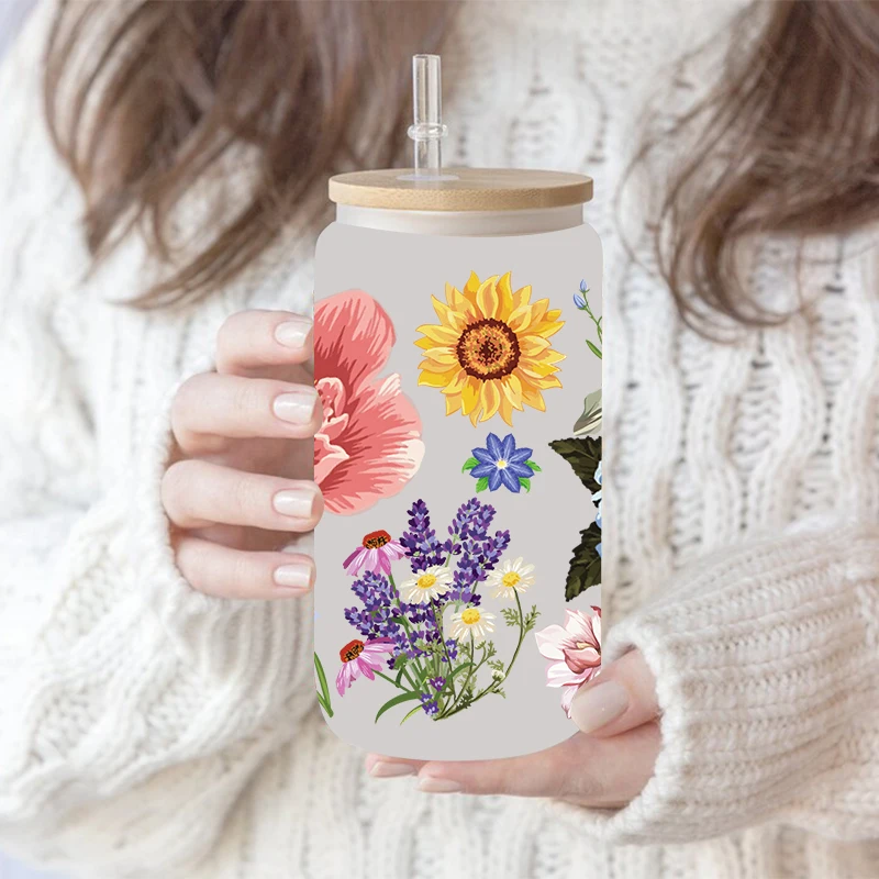 UV DTF Flowers, cacti Transfer Happy Juice Printed Sticker For The 16oz Libbey Glasses Wraps Bottles D8600