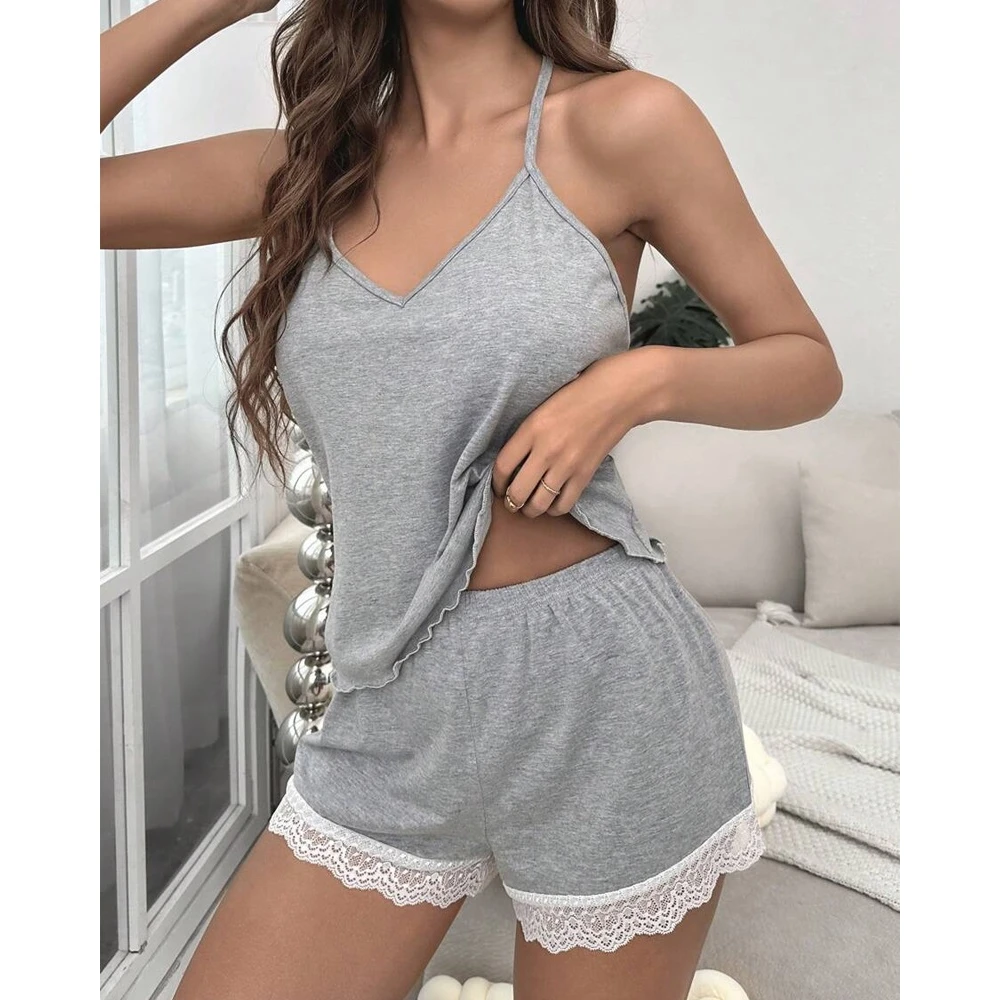 Casual Two Piece Pajamas Set for Women Crochet Lace Sleeveless V-Neck Top & Short Sets Sleepwear 2023 Summer Clothes Homewear
