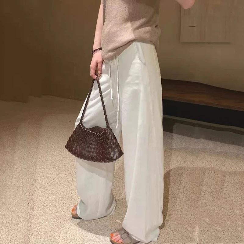 Spring Summer Cotton Linen Wide Leg Pants Women Solid Color High Waist Straight Trousers Woman 2026 Lace Up Casual Pants Female