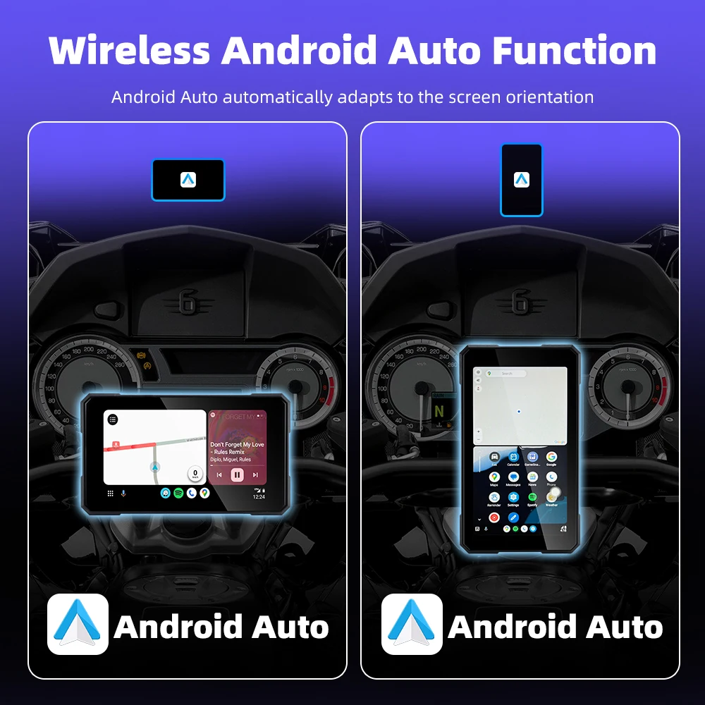 Pantalla Inteligente para Motocicleta de 5 Pulgadas, Apple CarPlay y Android Auto Inalámbricos, Soporte de Navegación, Siri y Asistente de Google, Resistente al Agua IP67 5