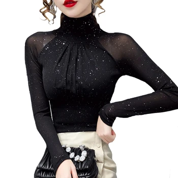 Korean fashion Women Mesh top High neck Sexy Black bottoming t shirt Casual Bright silk Lady shirt Blusa 1