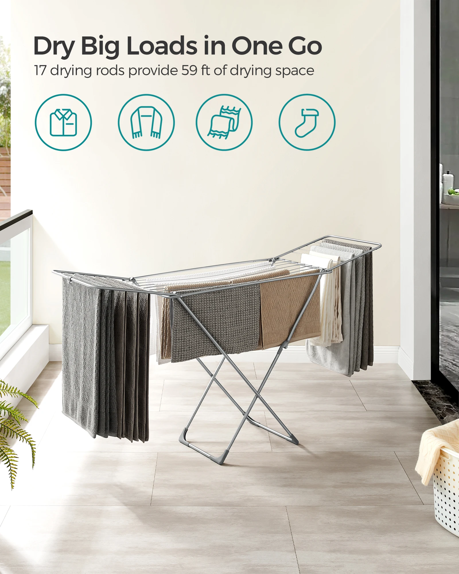 SONGMICS Clothes Drying Rack, Metal Laundry Drying Rack, Foldable, Space-Saving, Free-Standing Airer, with 2 Gullwings 3