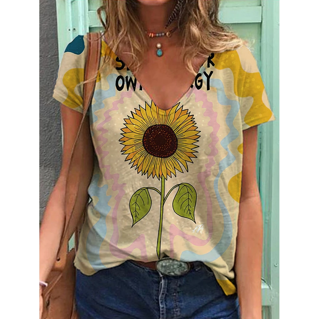 2022 New Summer Women Plus Size T Shirt 3D Painting Sunflower Short Tee Tops Casual V-Neck Street Ladies T Shirts Fashion