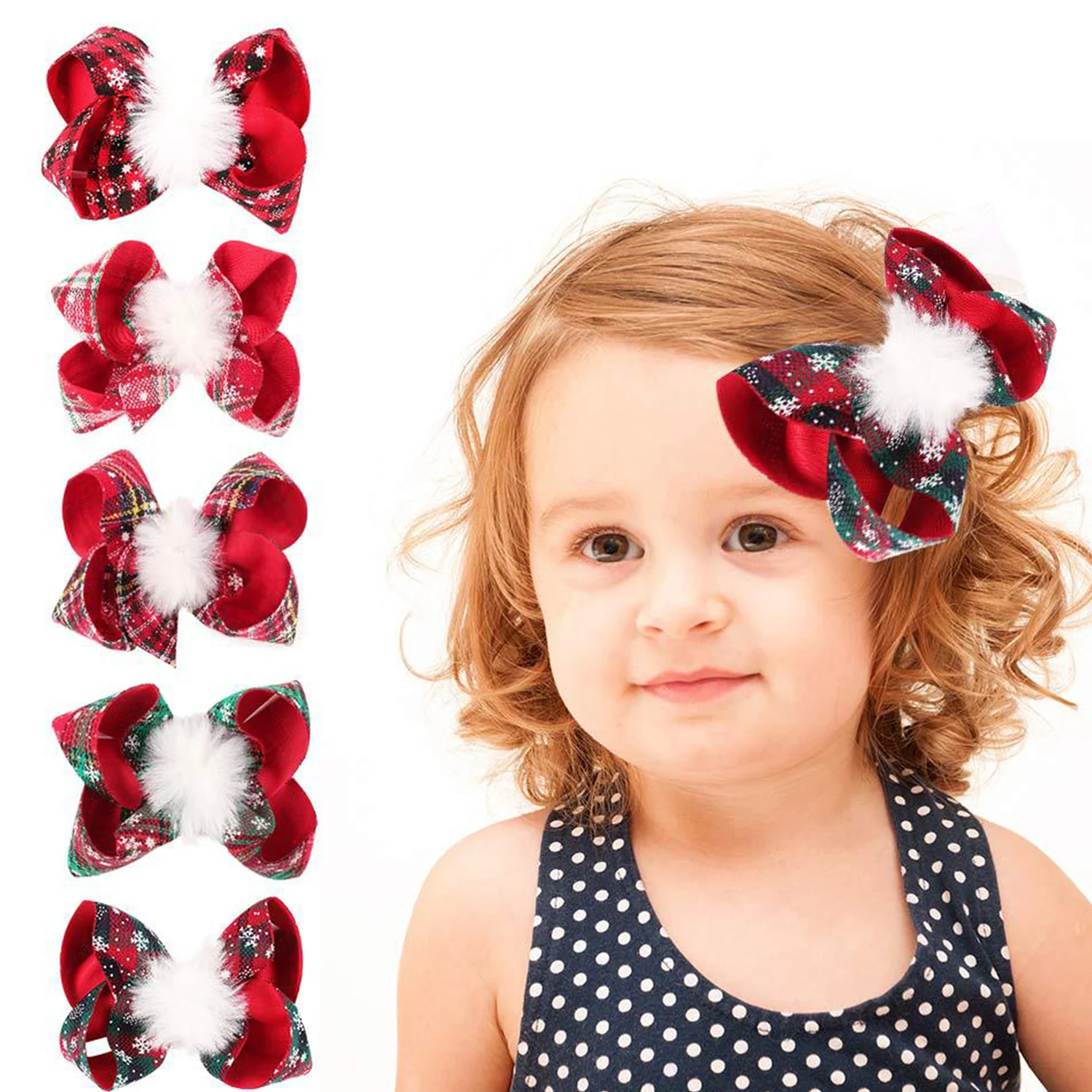 

Christmas Fabric Bow Hair Clips Handmade Red Green Plaid Bowknot Clips Cute Plush Ball Hairpin Hair Accessories For Women