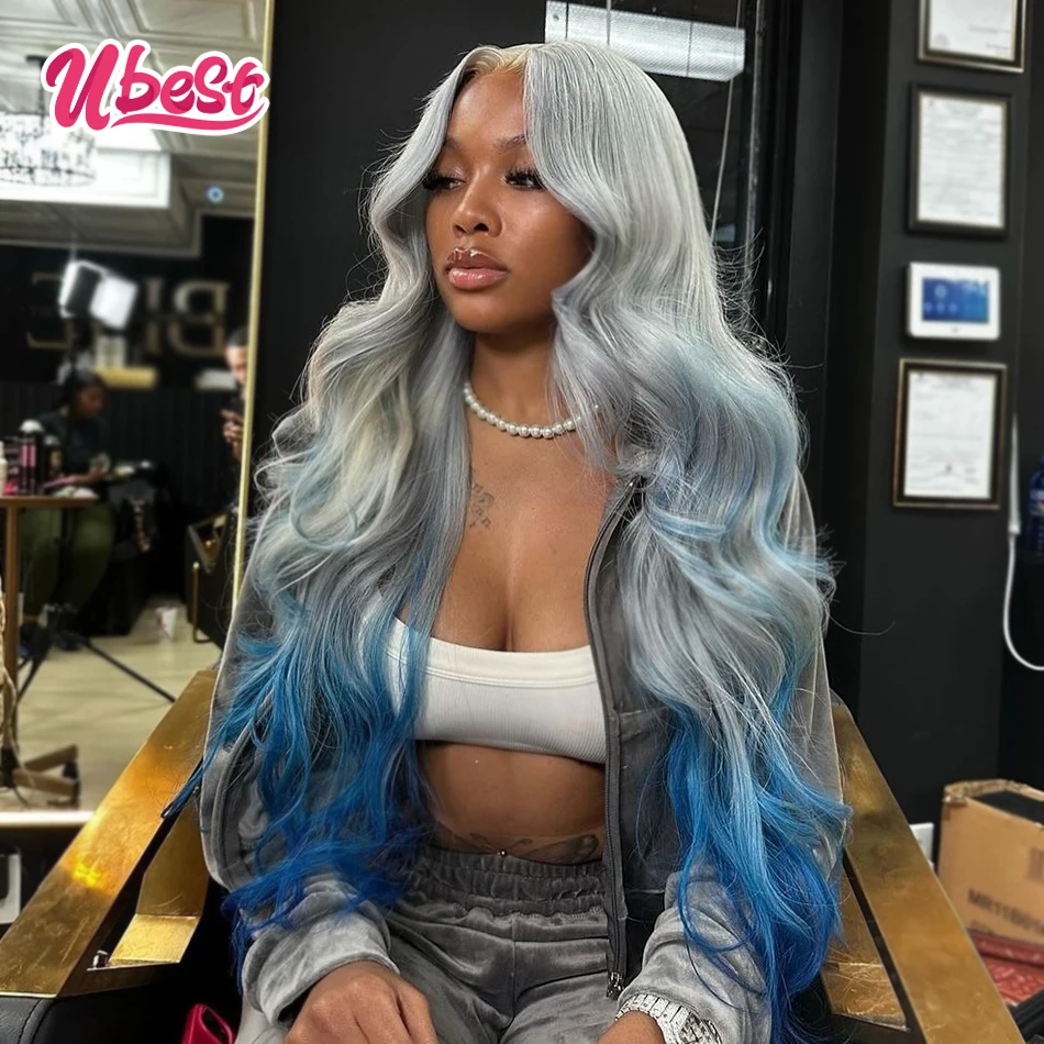 Silver Gray Blue Mint Green Colored 100％ Human Hair Body Wave 13X6 Transparent Lace Front Wigs Human Hair for Women 200Density
