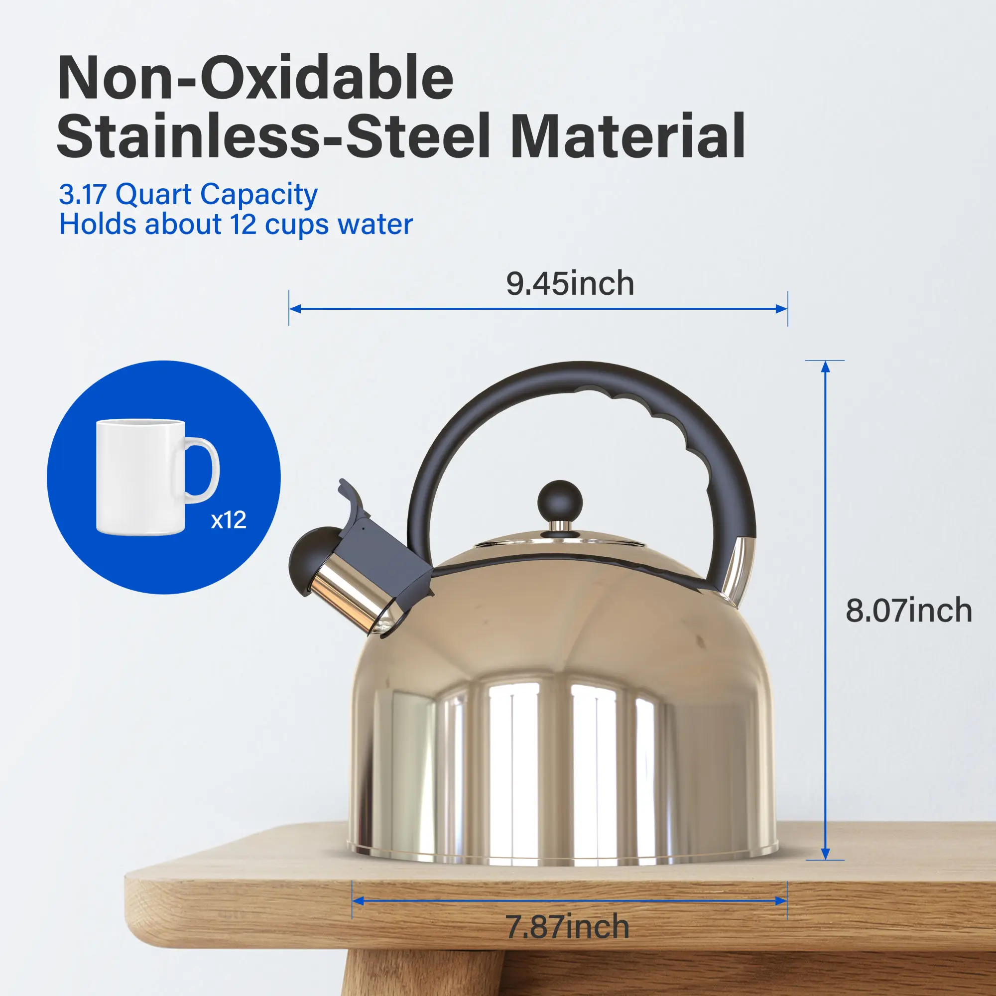 Stainless Steel Whistling Tea Kettle, 3.17 Quart, Teapot for Stove top with Wide Mouth, Easy Pouring Spout and