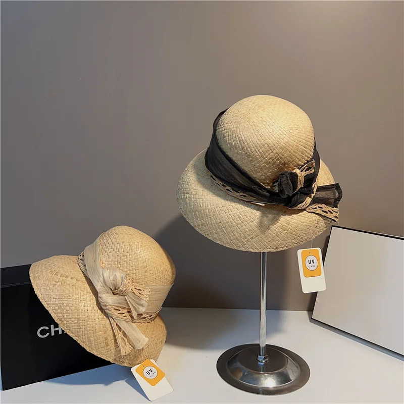 

High-quality Lafite straw hat French elegant fashionable lampshade hat ladies summer seaside holiday sun visor
