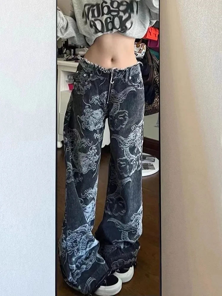Women Black Gothic Dragon Print Jeans Baggy Vintage Aesthetic Cowboy Pants Harajuku Denim Trousers Y2k Trashy 2000s Clothes 2024 3
