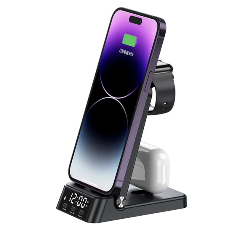 접이식 무선 충전기 시계 알람 스탠드, 고속 충전 스테이션, 아이폰 15, 14, 13 프로 맥스, 삼성 갤럭시 아이워치 8, 7/6 용, 4 인 1
