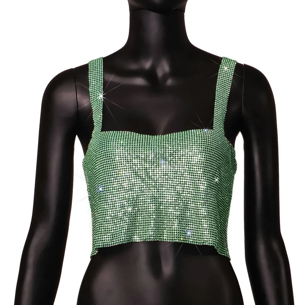 Camiseta sin mangas de malla metálica con diamantes de imitación para mujer, top corto con cadena hueca en la espalda, chaleco sexy para playa y fiesta en club.
