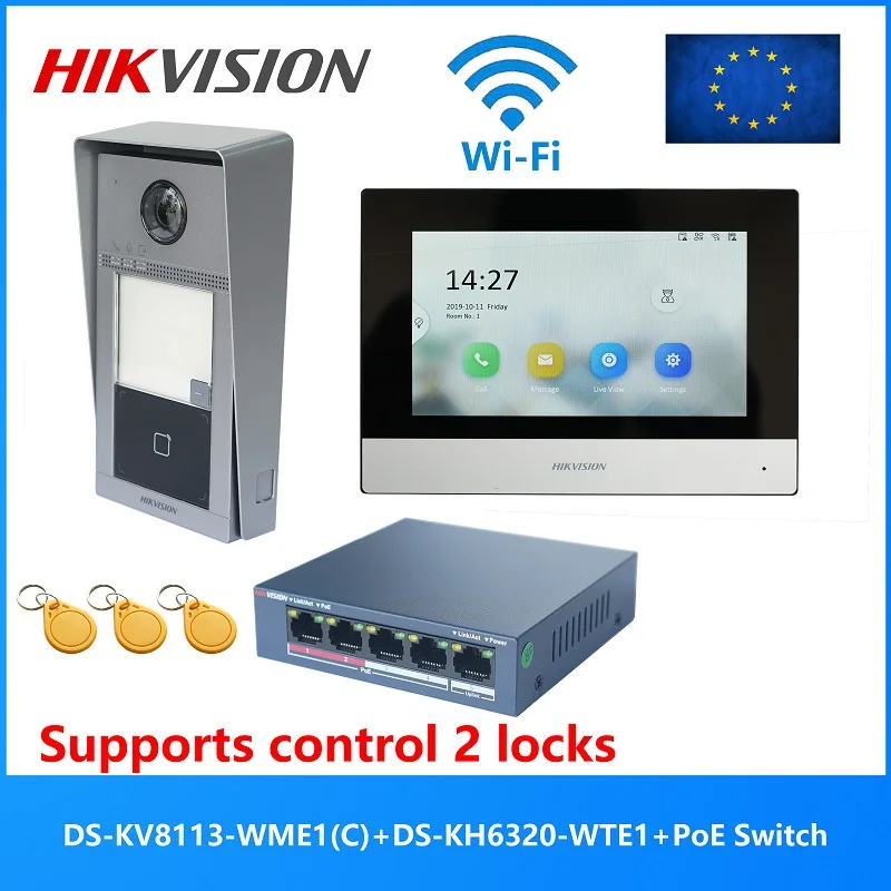 Hikvision Kis604 Kit Videocitofono Poe Originale Multilingue 802.3Af, Include Ds-Kv8113-Wme1(C) E Ds-Kh6320-Wte1 E Switch Poe