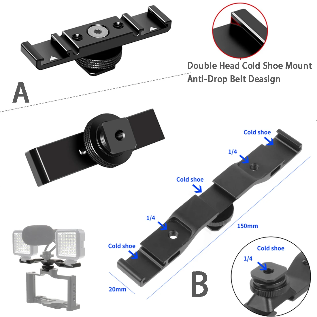 Double Cold Hot Shoe Adapter Mount Extension Holder Video Bracket for Canon for