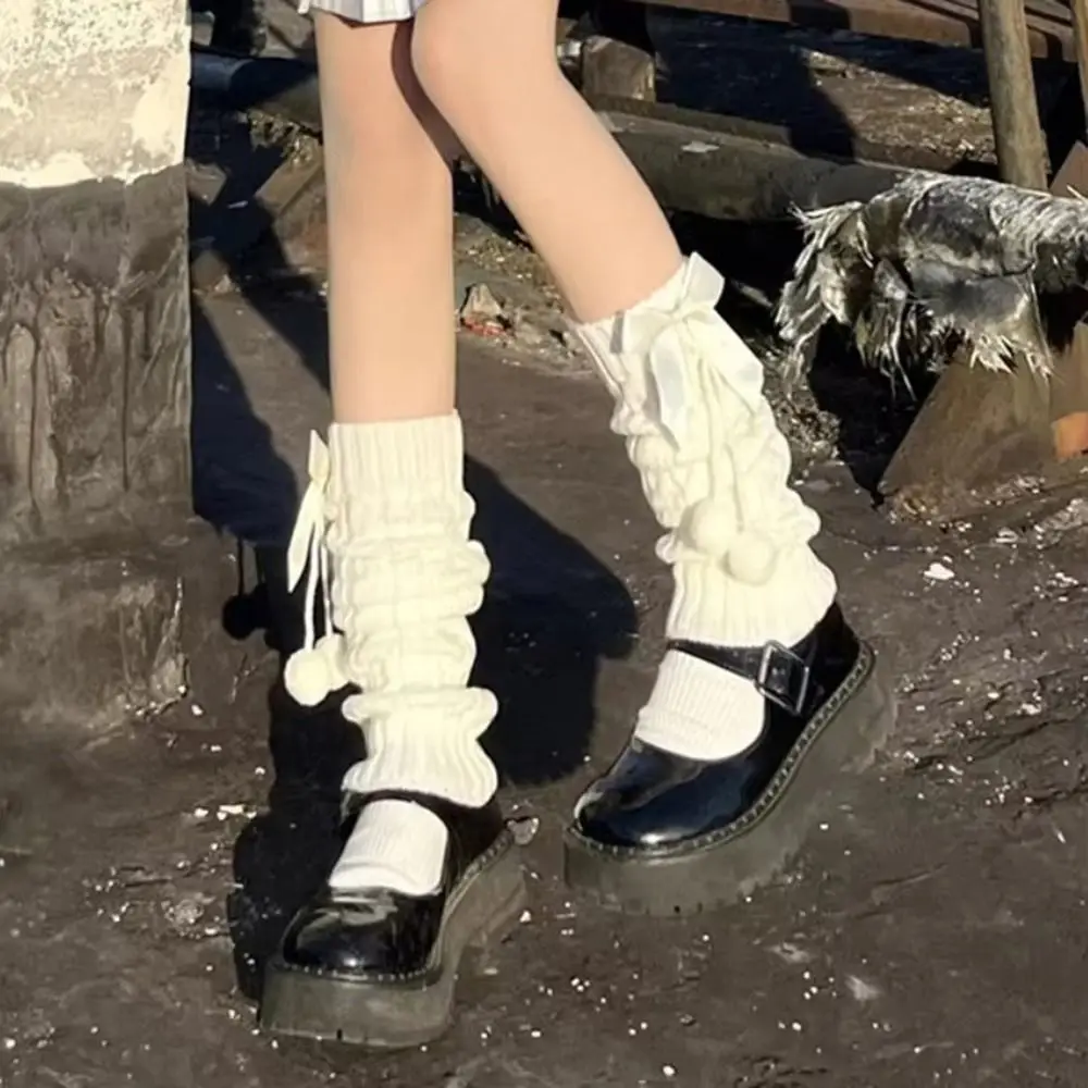 New Lolita Knitted Leg Warmers Fleece Lined Thermal Pom-pom Leg Warmers Bowknot Leg Covers