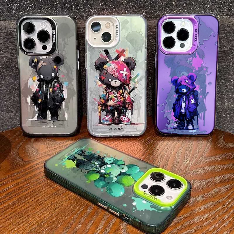 IPhone 15 Case Cool Colorful Little Bear Graffiti Soft Silicone Edge Crash Proof Phone Case iPhone 11 12 13 14 plus 15 Pro Max