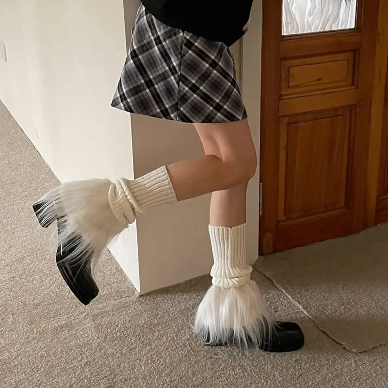 

New Design Hand-made Gyaru Knitting Knee Pads For Girls Boot Tropper Pastel Goth Fur Fashion 2023 New Year Colors Drop Shipping