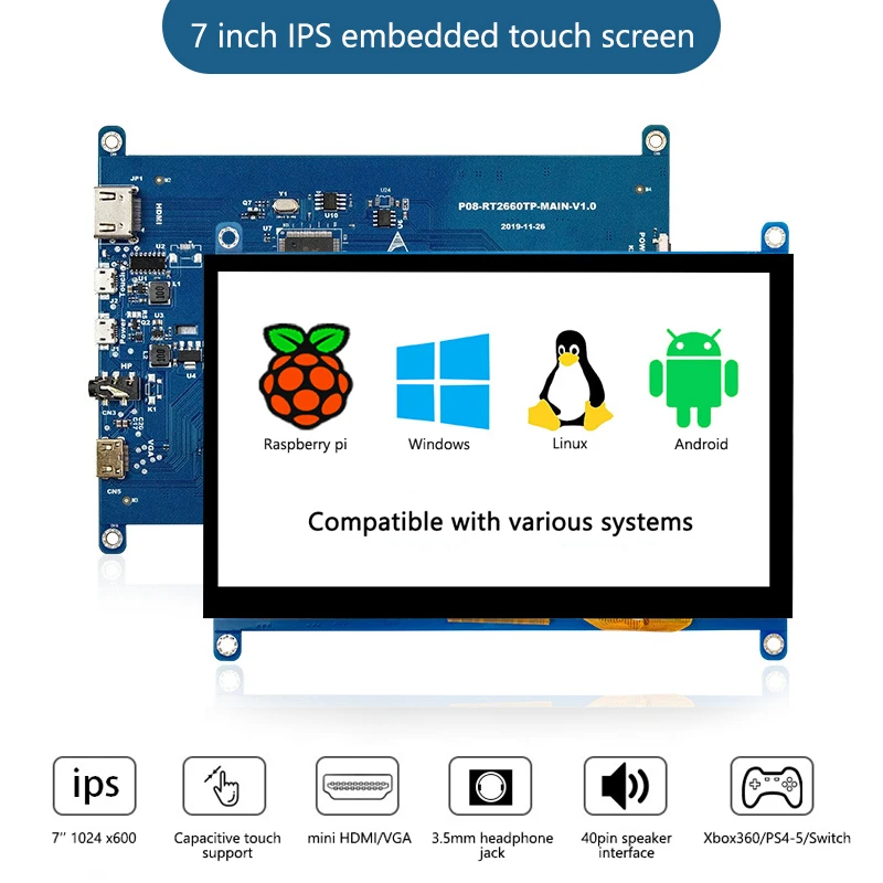 Raspberry Pi 4b Touchscreen Portable Monitor Upgraded 7in Ips 1024x600