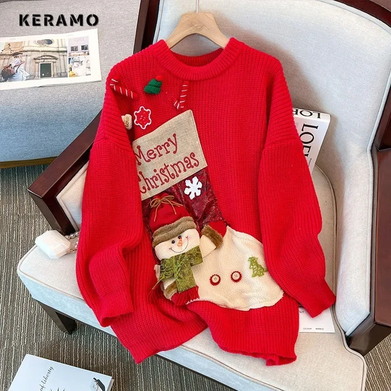 

Women's Christmas Style Knitting Long Sleeve Casual Pullovers 2023 Winter Fashion Round Neck 3D Decoration Loose Sweater Top