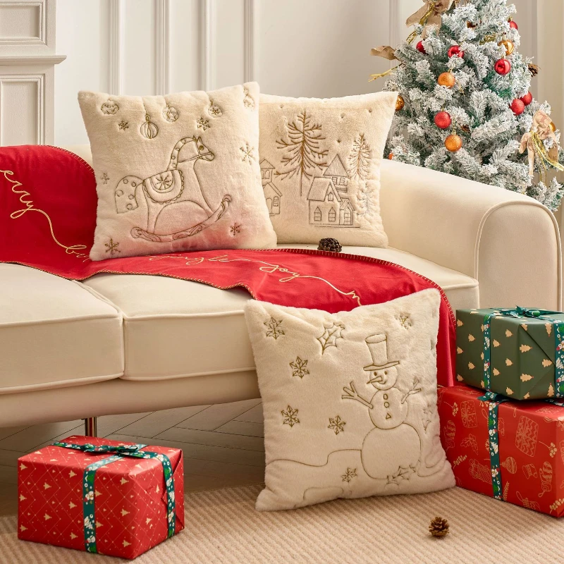 4 Federe Per Cuscino Natalizie 45x45 Cm In Lino - Stile Retrò Con Pupazzo Di Neve, Renna, Scritte - Rosa, Rosso, Blu, Oro
