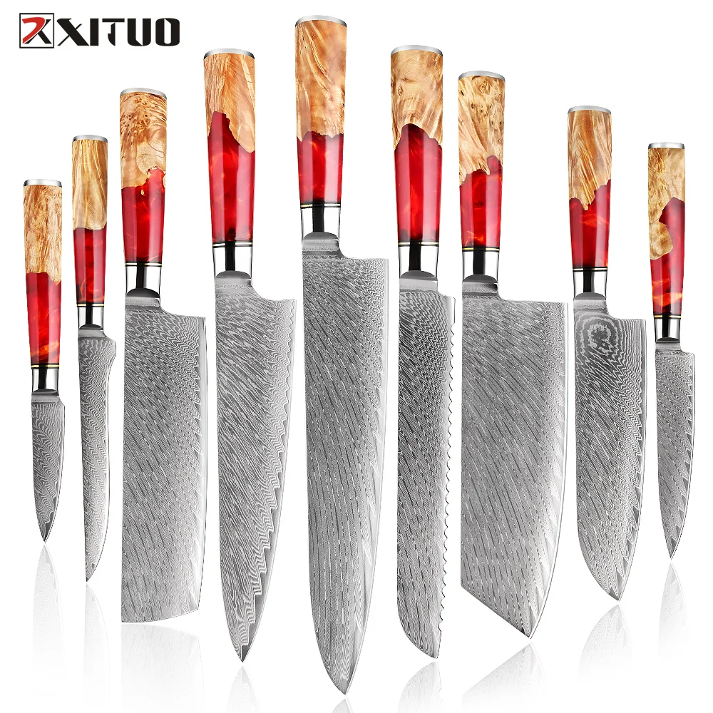 9 Pcs Chef Knife Set Damascus Steel Red Resin Handle Cleaver