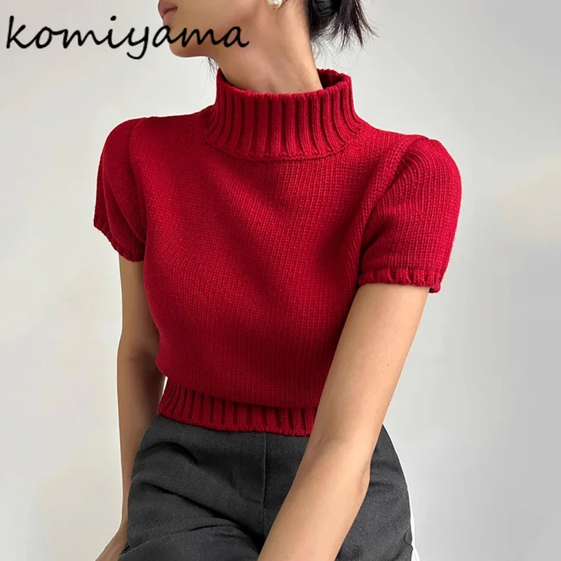 High Collar Short Sleeve Sweater Korean Chic Ropa Mujer Loose Casual Pullover Spring Summer Womens Clothing Solid Knitwears