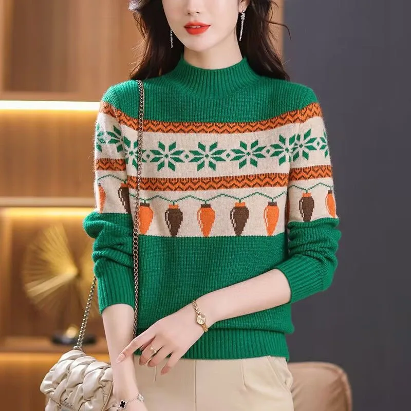 

New Autumn/Winter Fashion Korean Edition Color Block Jacquard Half High Neck Loose and Versatile Western Women's Knitted Sweater