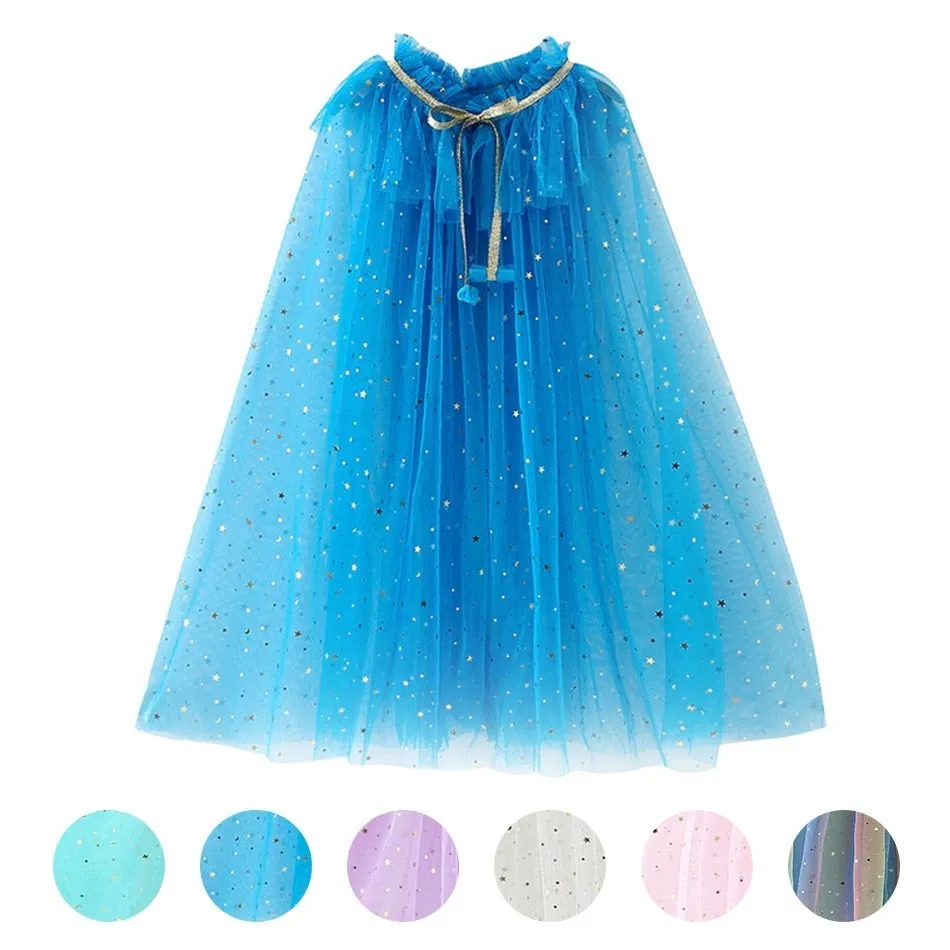 

Summer Girl Princess Party Accessories Cloak Snow Queen Elsa Anna Costume Cape Rapunzel Aurora Sequins Tulle Halloween Mantle