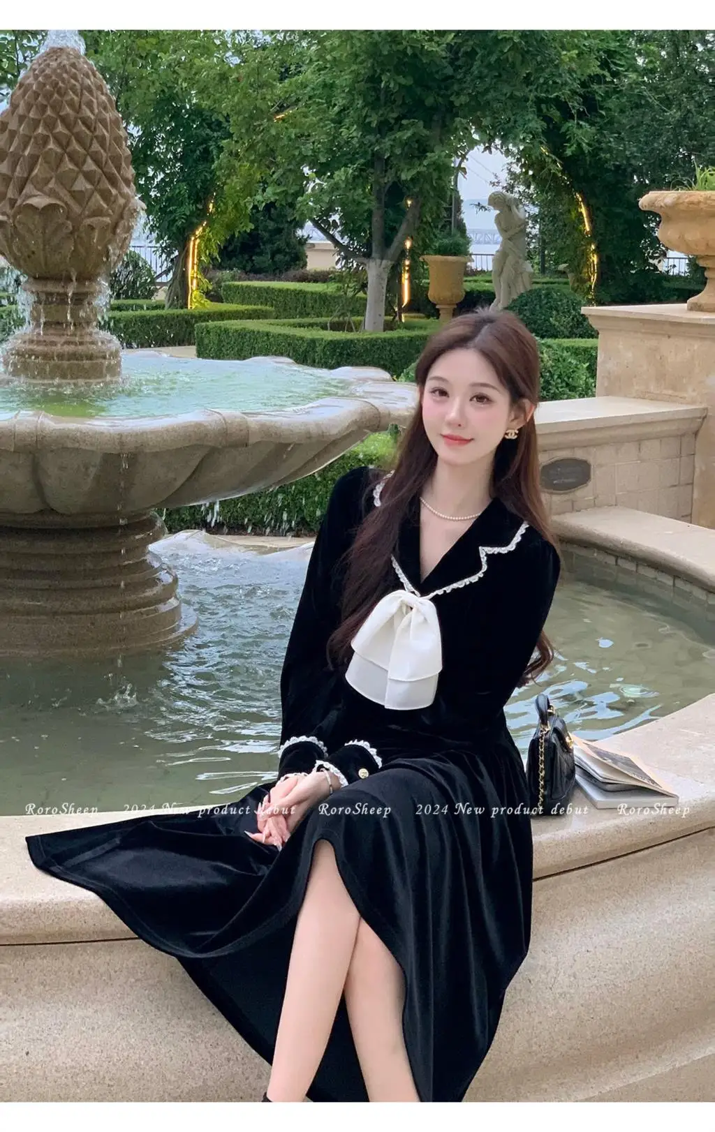 Elegant Vintage Lapel Midi Dresses for Women Bow Long Sleeve Birthday Party Dress A-line Autumn New Korean Fashion Vestido Mujer