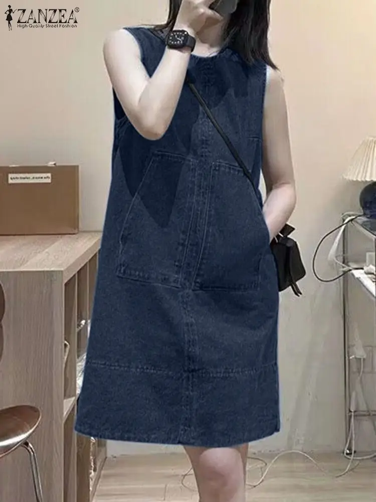 

ZANZEA Fashion OL Work Denim Dress Sleeveless O-Neck Tank Vestidos Woman Casual Party Midi Robe Female Elegant Loose Sundress