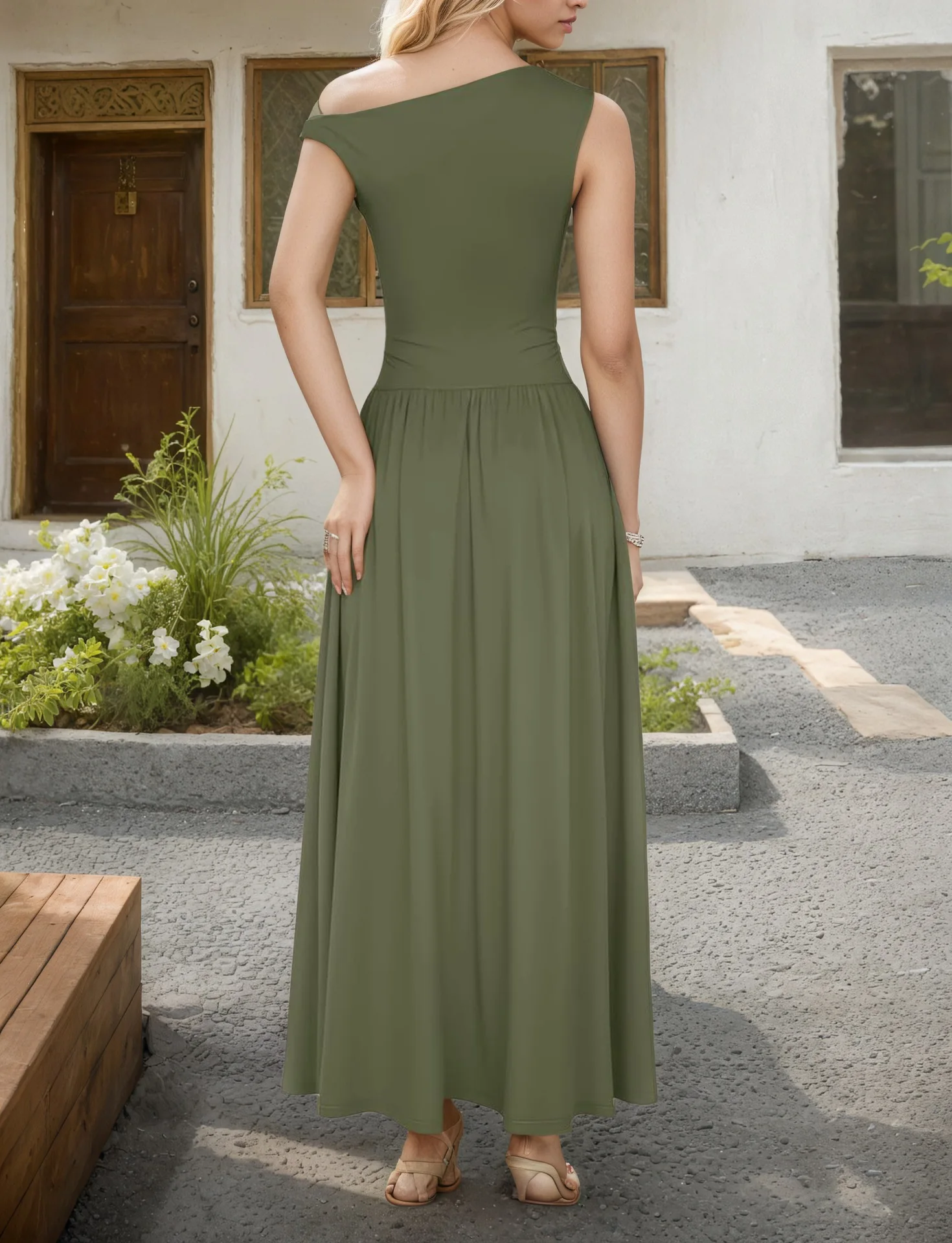 Ladies' Sloping Shoulder Pocket Dress 2025 Summer New Style Temperament Slim Fit Sleeveless Solid Color Long Skirt A-line Skirt