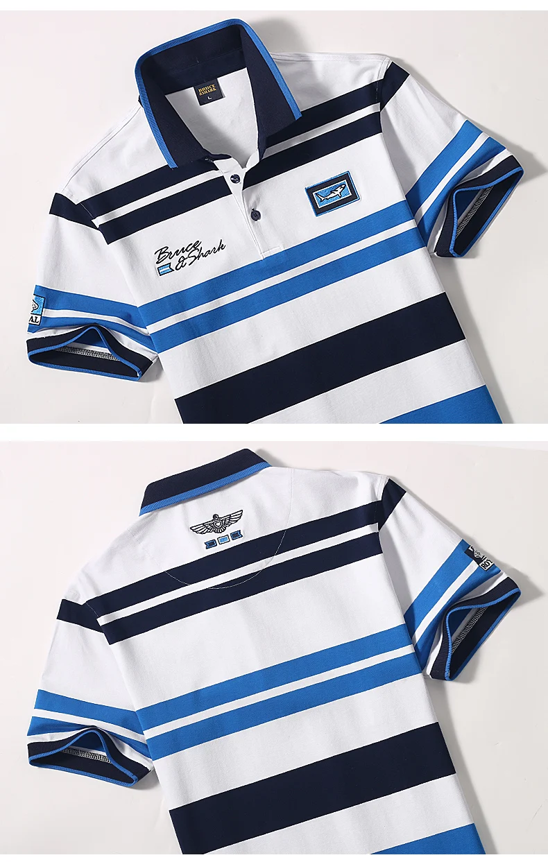 Summer New Embroidery Men's Striped Polos Short Bruce&Shark Casual Fashion Blue T-shirt Loose Breathable Men's Red Tee Size 4XL 26 S03fec6f4cdd3485987184d522903715dH