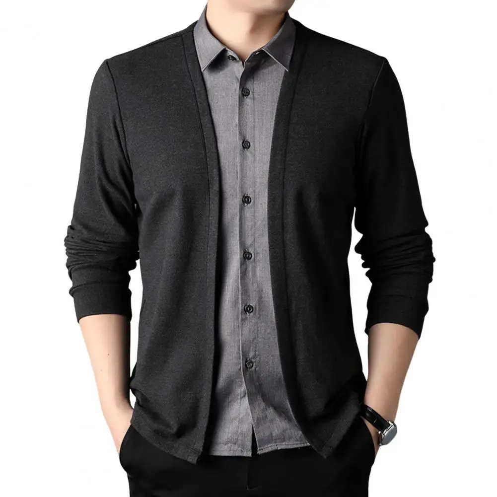 Stretchy Men Shirt Fake Two-piece Cardigan Sweater Slim Fit Solid Color Stylish Men's Knitted Coat for Fall Casual Male Clothing knitted cardigan knitted sweater coat sweater coats fleece cardigan