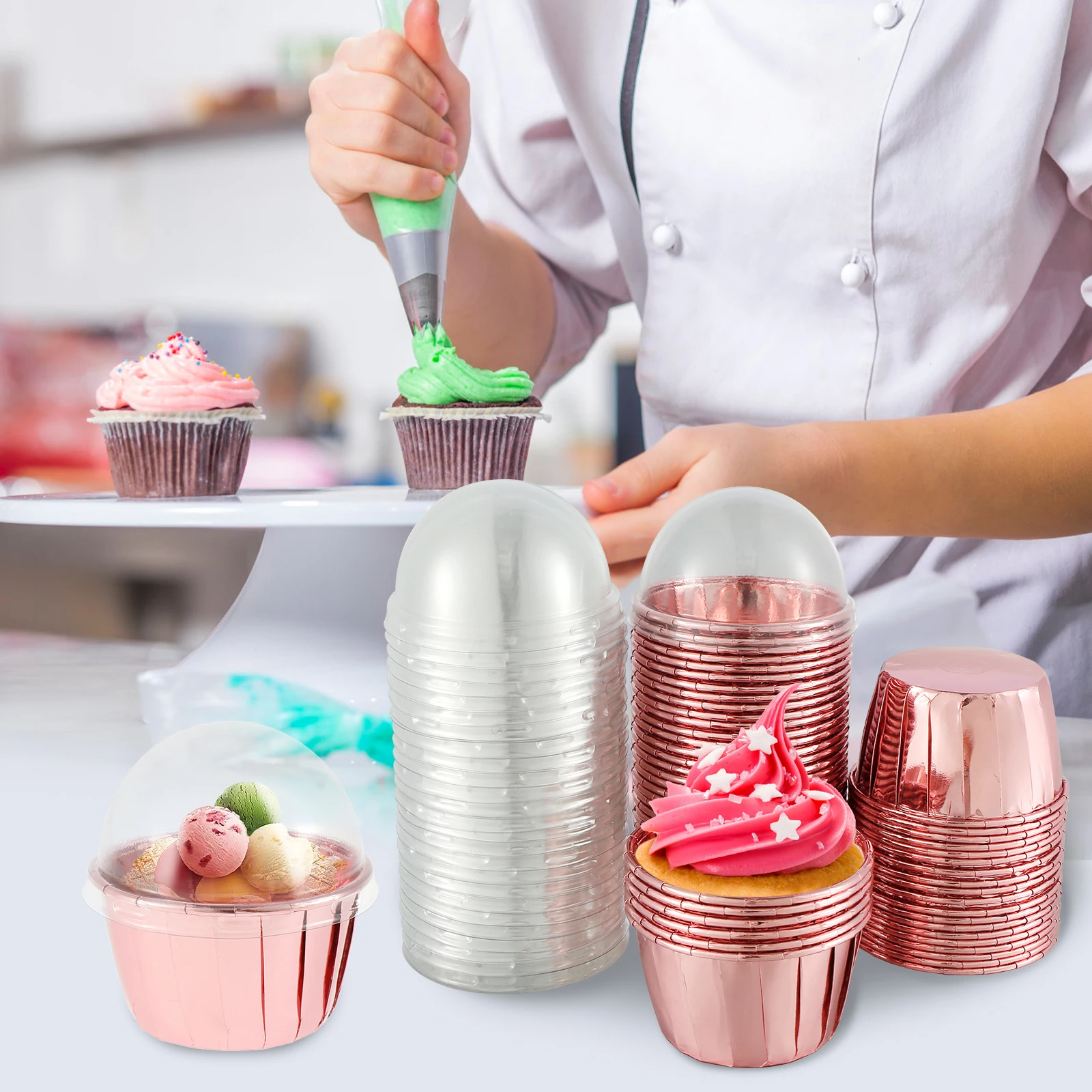 Muffin cupcake liners 50pcs Foil Portable Heat Resistant Aluminum Cake Cups Non-stick Round Aluminum Muffin Liners Easy to Use