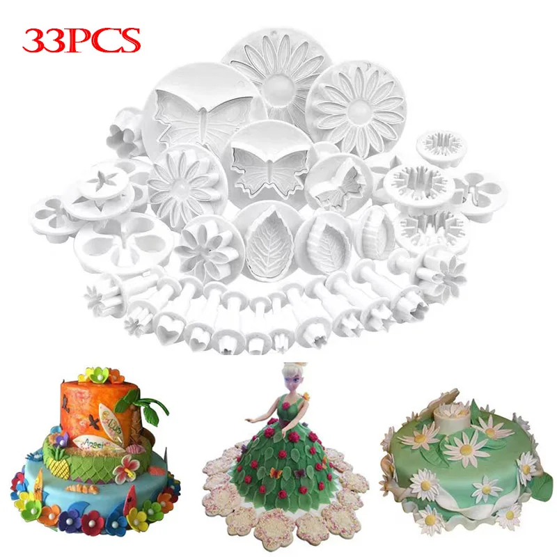 

33pcs/set Fondant Plunger Cutters Full Set Mold For Baking Plunger Cutter For Sugar Crafts Cake Cookie Flower Decorating Tools