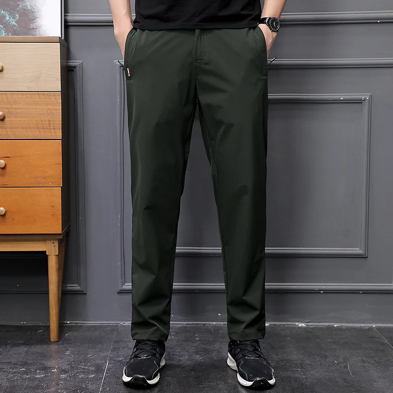 Men\'s Summer Cargo Pants Big Size Ice Silk Stretch Breathable Straight Leg Pants Quick Dry Elastic Lightweight Long Trousers