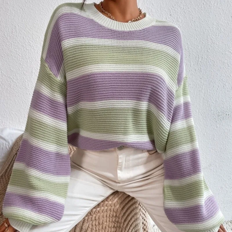 

Autumn Elegant Wool Striped Sweater Woman Casual Round Collar Jumpers Long Sleeve Pullovers Women Winter New Warm Sweaters 28486
