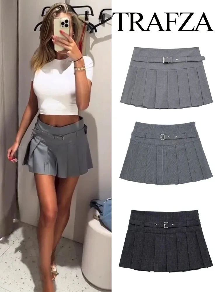 

TRAFZA 2023 Women High Waist Fashion Trend With Belt Tight Mini Skirt Woman Textured Wild Folds Skirt Sweetwear Skirts Mujer Y2k