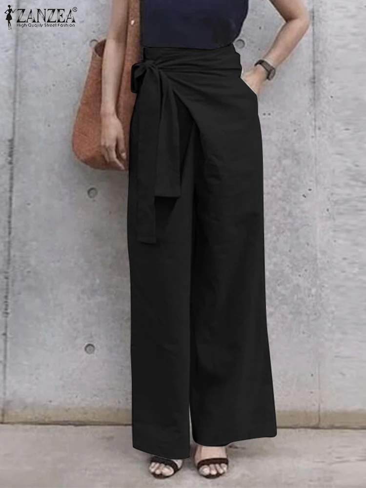 

ZANZEA Fashion Streetwear Pants Solid Color High Waist Wide Leg Trousers Woman Casual Pantalon Summer Vintage Palazzo Oversized
