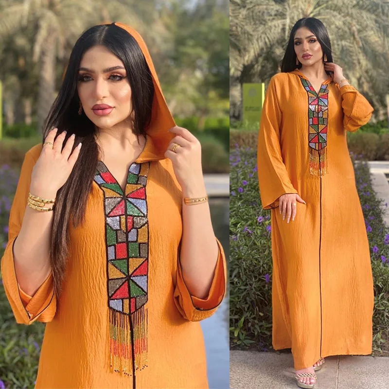 Jellaba Hooded Women Abaya Orange Long Sleeves Dubai Turkey Morocco Robe V-neck Women Robe Loose Gurban Muslin Women Clothing