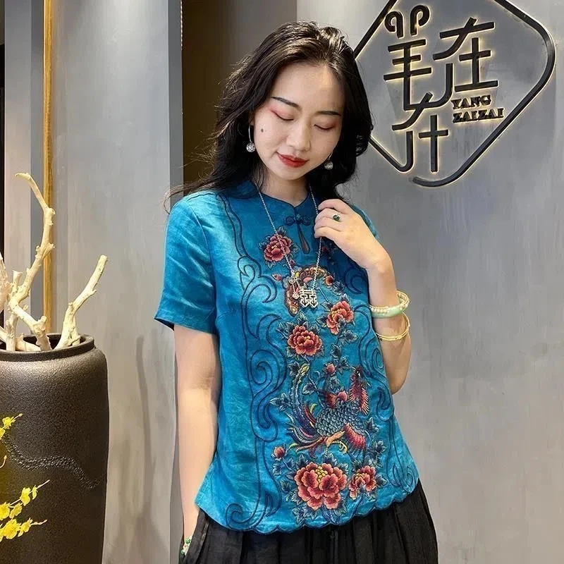Retro Embroidery Cotton Linen Chinese Traditional Women's Vest Chinese Style Pullover Ladies Summer Exquisite Stand Collar Top Women Chinese Shirt Women Cheongsam Waistcoat