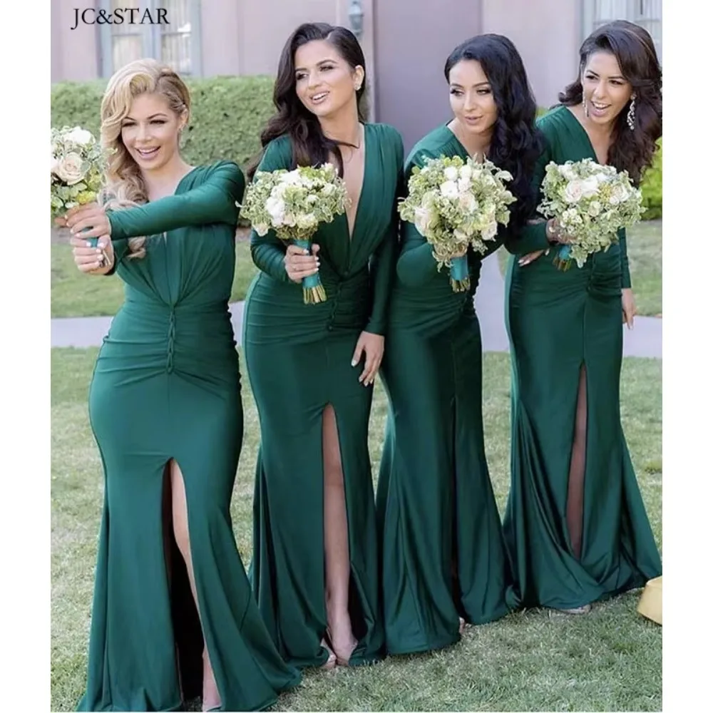 Green Silk Satin Sexy Mermaid Bridesmaid Dresses Long Deep V Neck Backless Long Sleeves Wedding Party Dress Garden Prom Dress