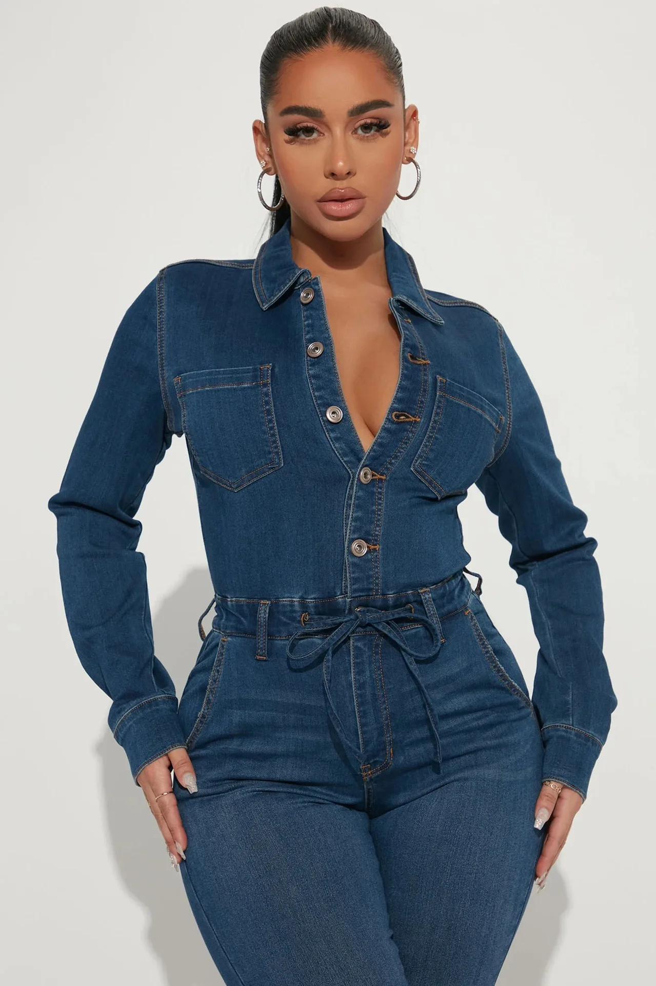 Jeans Stretch Overalls Sexy Women Turn Down Collar Elegant Blue Denim  Casual Jumpsuit Rompers - AliExpress