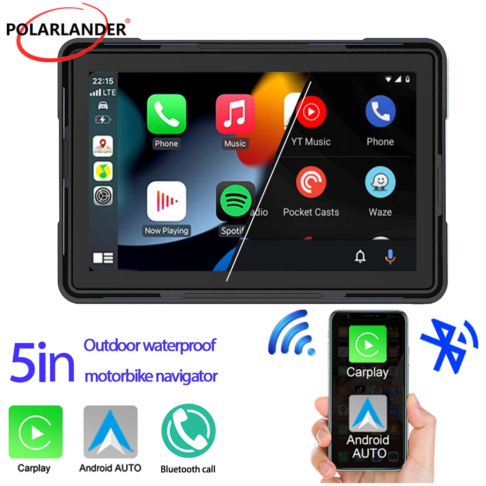 오토바이 GPS 네비게이션 5인치 - 무선 카플레이 안드로이드 오토 듀얼 블루투스 IP66 방수 1000니트 햇빛 가시성