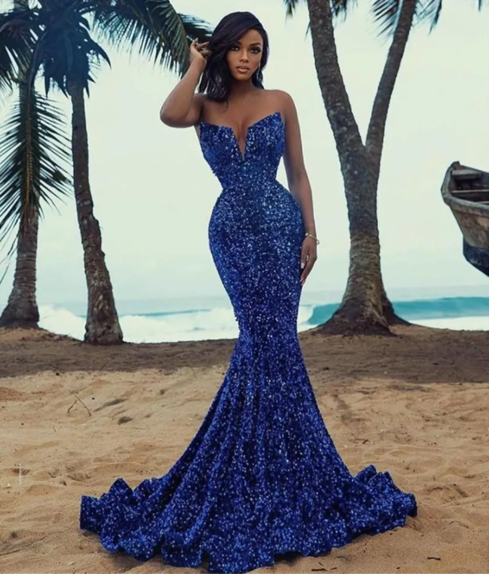 

Exquisite Blue Sequined Evening Dress New Mermaid Party Prom Gowns Crystals Formal Occassion Wear Custom Made Vestidos De Fiesta