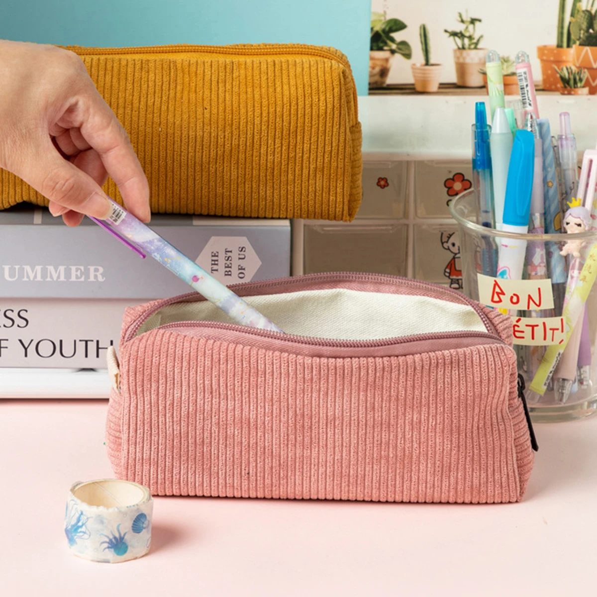 코듀로이 레트로 필통, 학생용 대용량 미적 펜 파우치 정리함, 심플한 패브릭 학교 필통 지퍼