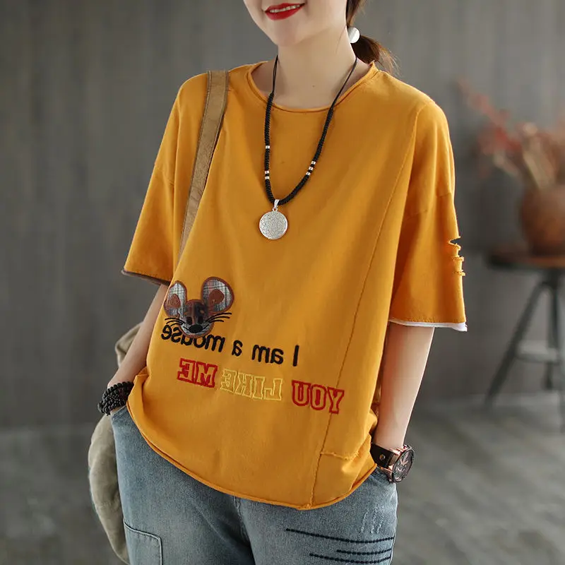 100% Cotton Retro Literary Short-sleeved T-shirt Female Summer New Style Printing Half Sleeve Loose Casual Top tee shirts